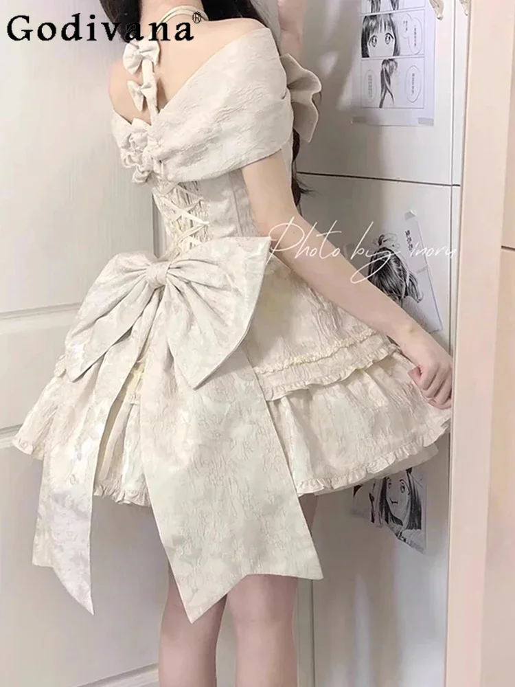 

Summer Bow Ruffles Neck Lolita Dress Girly Harajuku Sweet Cute High Waist Slim-Fit Elegant Princess Dress Women Op Party Dresses