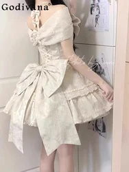 Summer Bow Ruffles Neck Lolita Dress Girly Harajuku Sweet Cute High Waist Slim-Fit Elegant Princess Dress Women Op Party Dresses