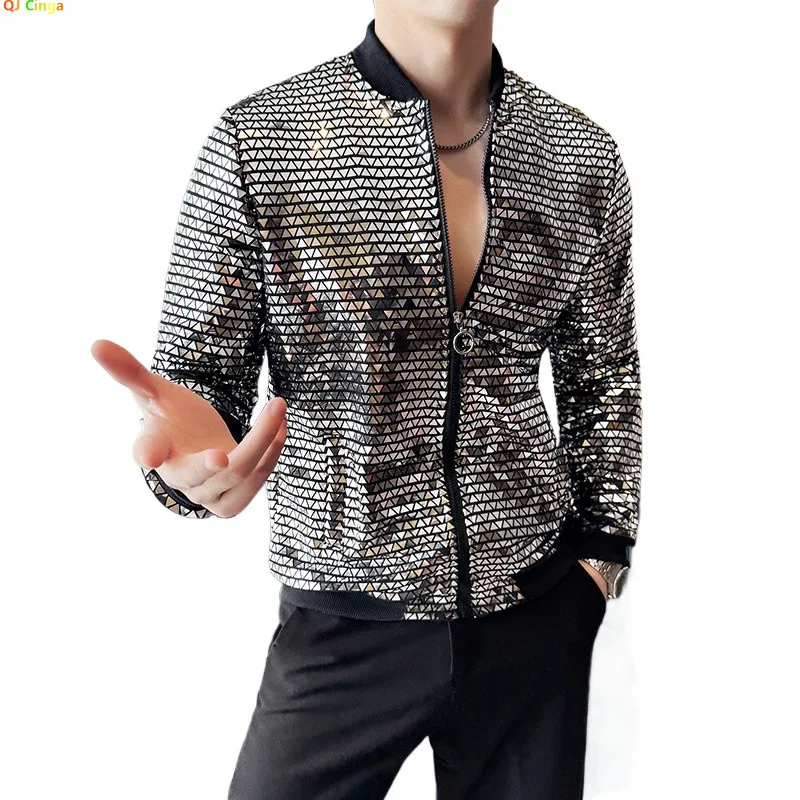 2026 New Men's Fashionable Sun-Protective Jacket in Nightclub Style, Thin Silver Sequin Stage Coat, Asian Size M-5XL