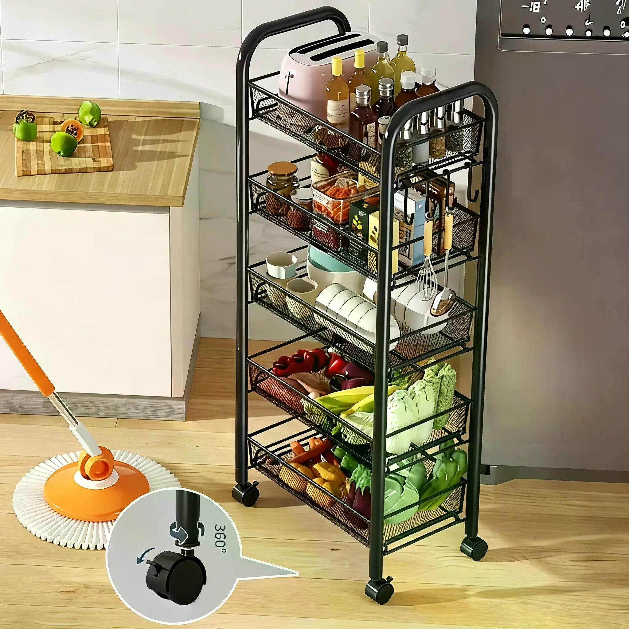 Rolling Storage Cart with Removable Metal Wire Baskets - 3/4/5 Tier Slim Utility Racks, Space-Saving Gap Organizer with Wheels for Kitchen Food Storage, Rust-Proof Apartment Accessories (10 - 15 Kg Capacity)