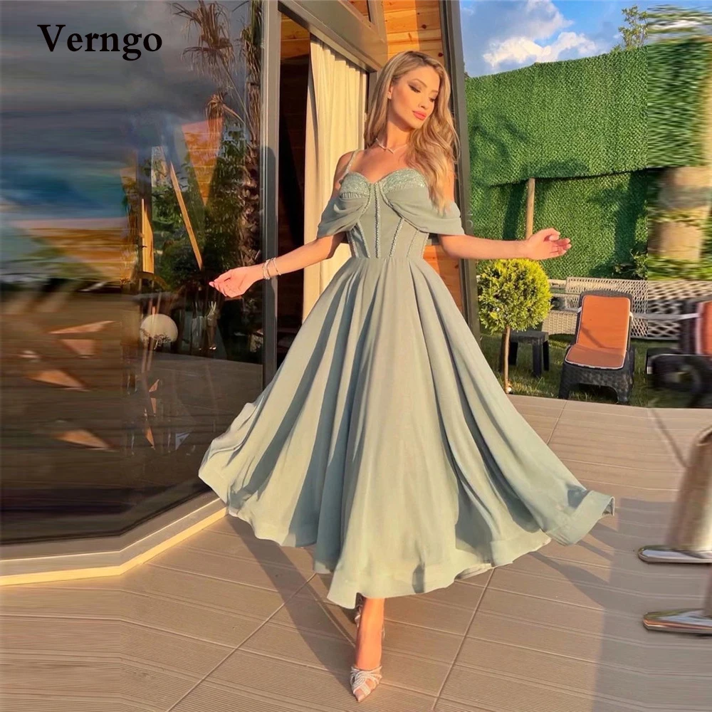 

Verngo Vintage Chiffon A Line Midi Length Prom Dresses Spaghetti Straps Sweetheart Women Formal Party Dress Lace Up Back