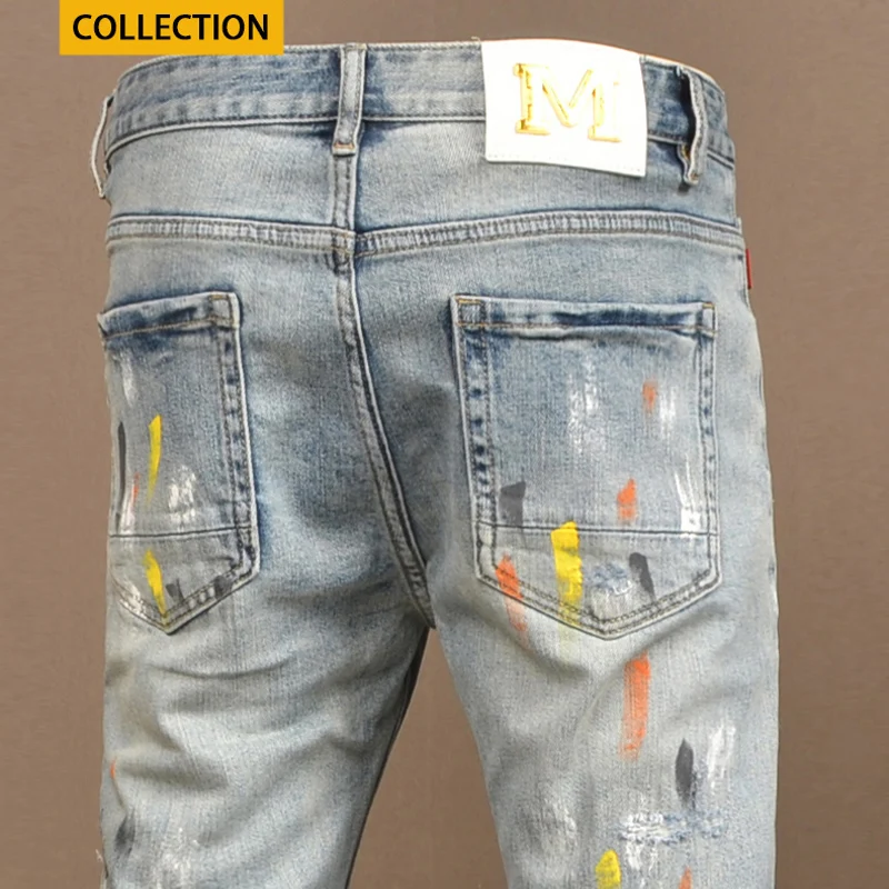 High Street Fashion Heren Jeans Retro Gewassen Blauwe Stretch Slim Fit Gescheurde Jeans Heren Geschilderde Designer Hiphop Denim Broek Hombre