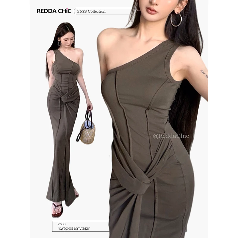 

ReddaChic Сексуальное женское платье с одним открытым плечом, винтажное, коричневое, эластичное, с узлом, облегающее, без рукавов, из модала, макси, летняя одежда