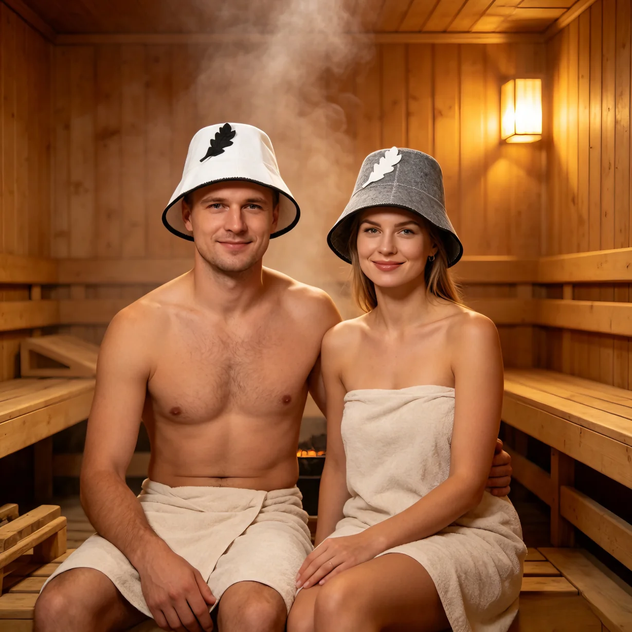2Pcs Couple Felt Sauna Cap Set Oak Leaf Decor Russian Banya Hat Heat‑Resistant Bath Hat For Men Women Sauna Room Accessories.