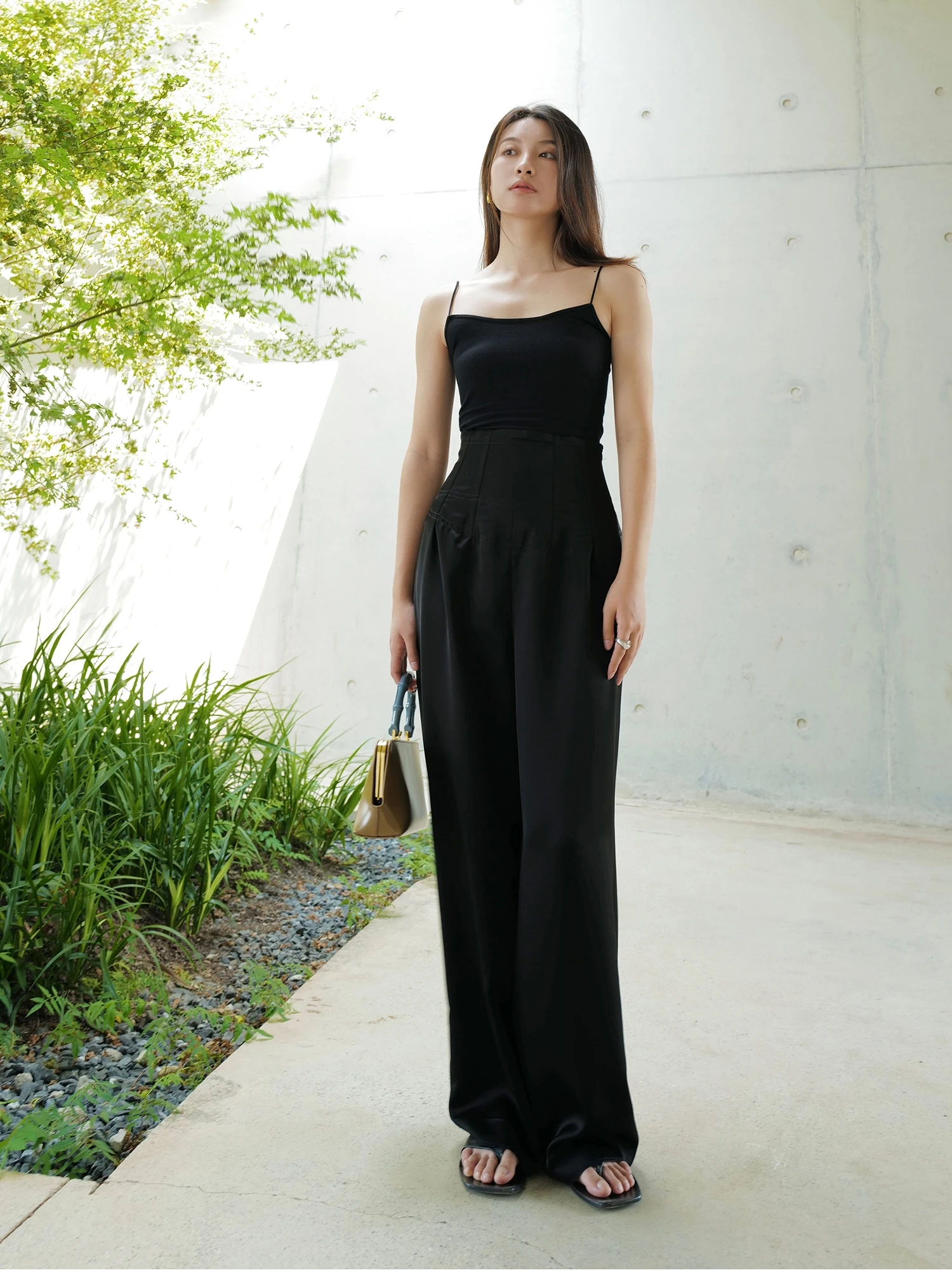 

High Waist Straight Leg Pants Satin 3D Fishbone Slim Waist Wide Leg Trousers Asymmetrical Detailing Casual Cotton Pants