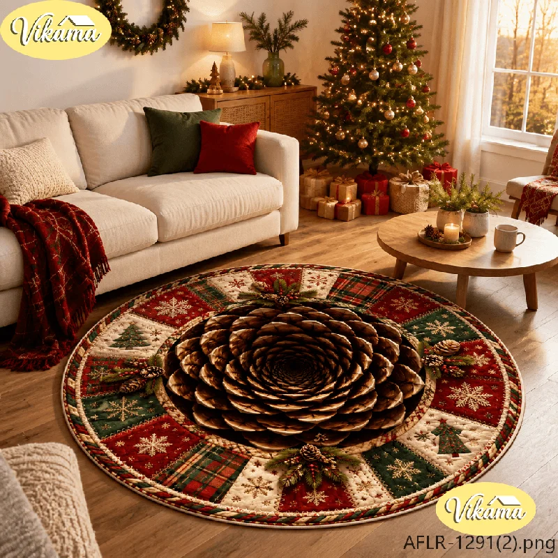 VIKAMA Snow & Gift Christmas Flannel Round Rug, Non-Slip Washable Xmas Mat for Living Room Bedroom Nursery Playroom Kids Room