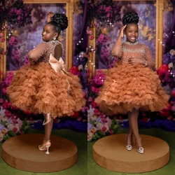 Brown High Neck Kids Birthday Party Dresses Customized Ruffle Bow Flower Girl Dresses for Wedding Baby Girls Prom for Photoshoot