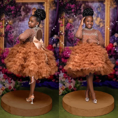 Brown High Neck Kids Birthday Party Dresses Customized Ruffle Bow Flower Girl Dresses for Wedding Baby Girls Prom for Photoshoot