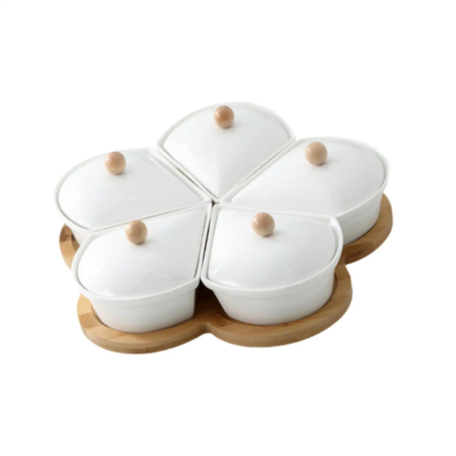 Flower Shape Ceramic Tray with Lid Five Removable Bowls Elegant Table Decoration for Party Snacks