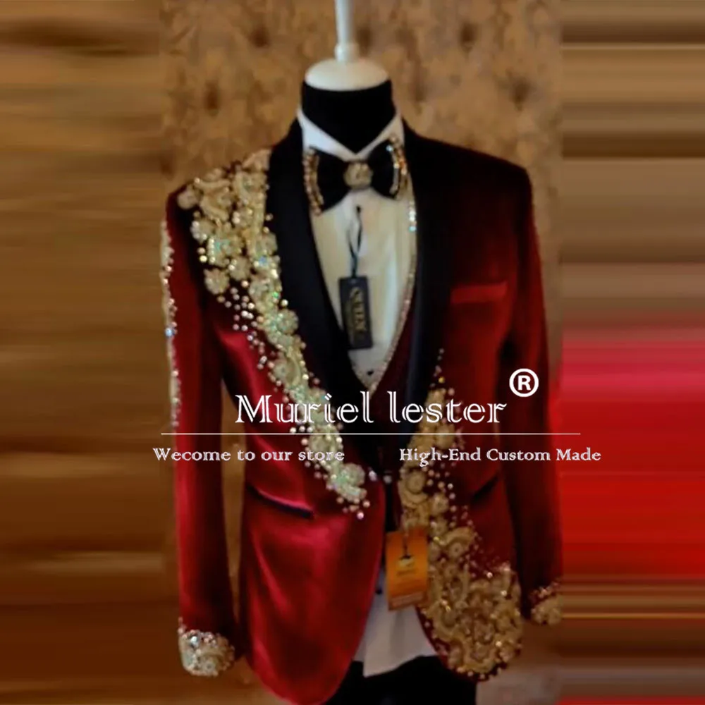 Elegance Red Velvet Suits Men For Wedding Crystals Beaded Stones Jacket Vest Pants 3 Pieces Groom Tuxedos Luxury Costume Homme