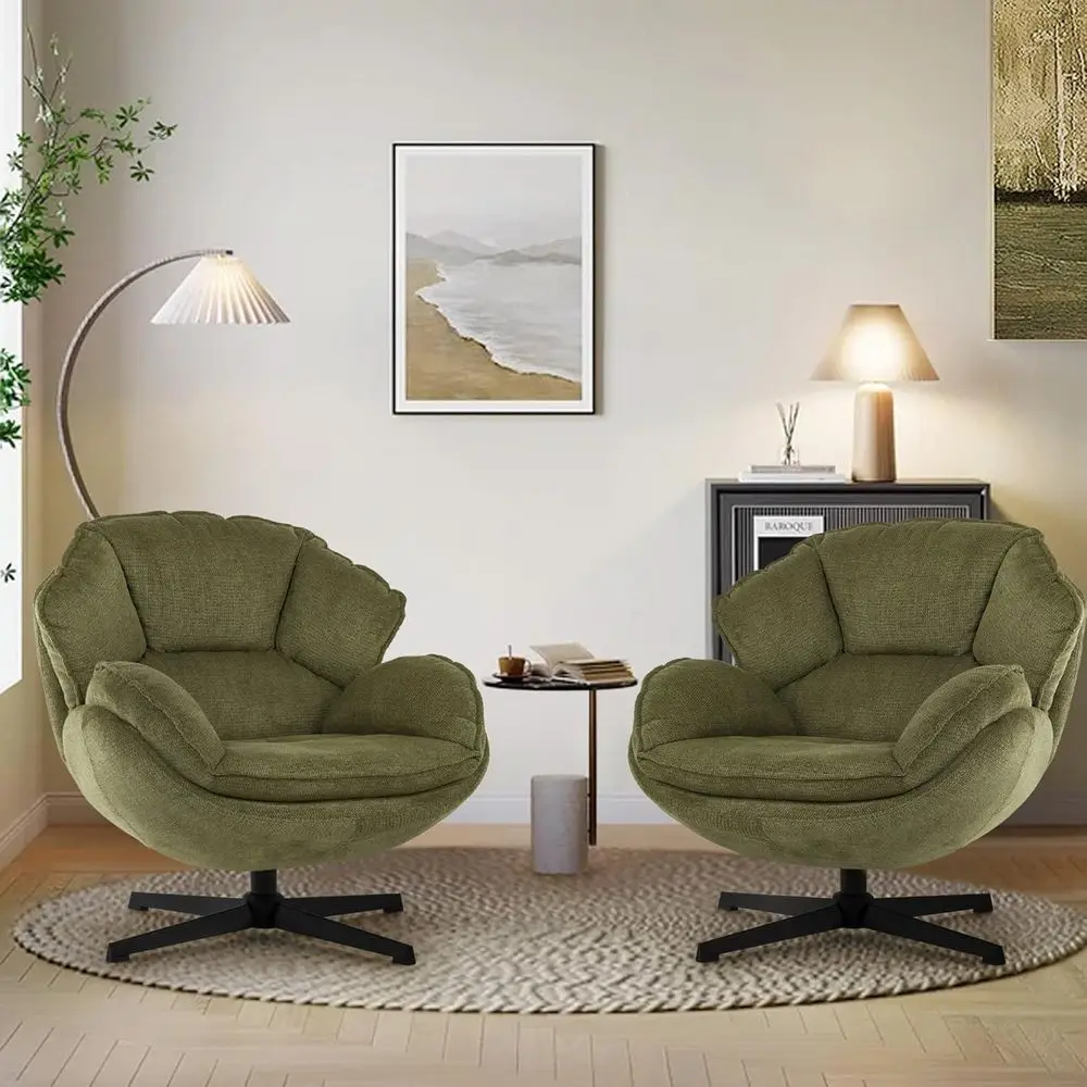 

Pair of Swivel Upholstered Accent Chairs with Metal Legs, Green Living Room Armchairs
