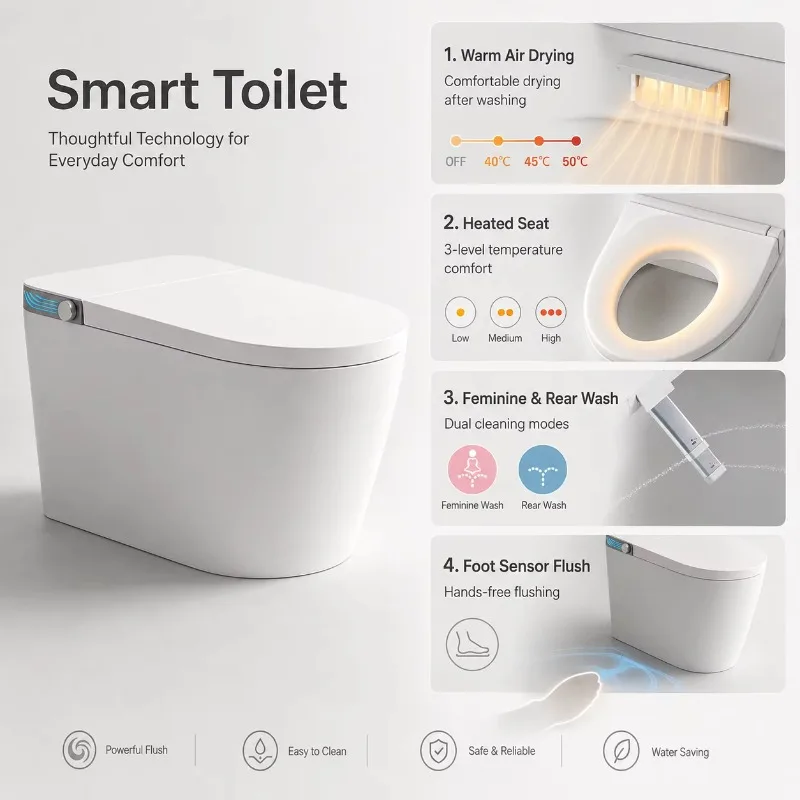 Electric Smart Toilet Ceramic Bidet Toilet One Piece Toilet with Heated Seat Warm Air Dryer for Bathroom