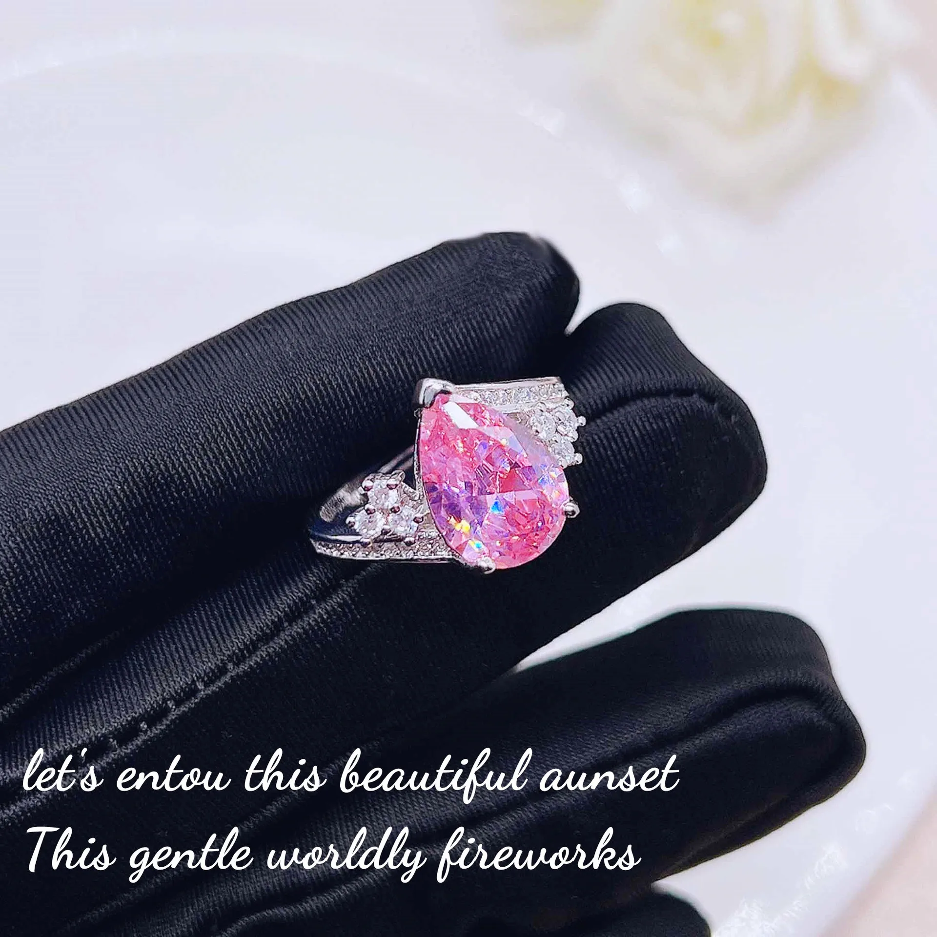 S925  Silver Open Ring New Light Luxury Style Inlaid Pink Diamond Sapphire Water Drop Pear Shaped Colorful Gem Fine Jewelry Gift