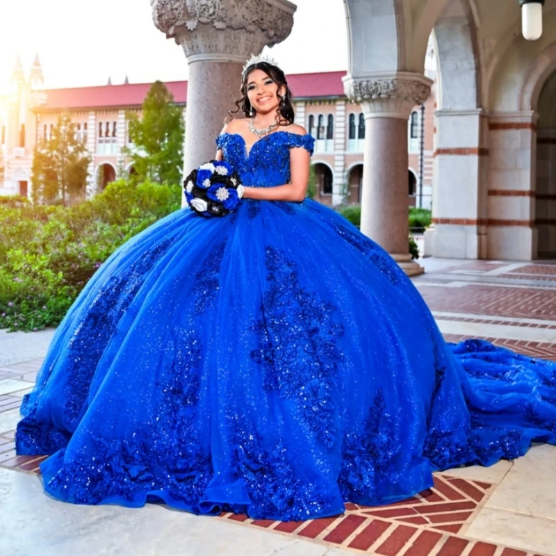 

Royal Blue Shiny Quinceanera Dresses Ball Gown Off Shoulder Applique Lace Beading Crystal Tull Birthday Payty Sweet 16 Dress