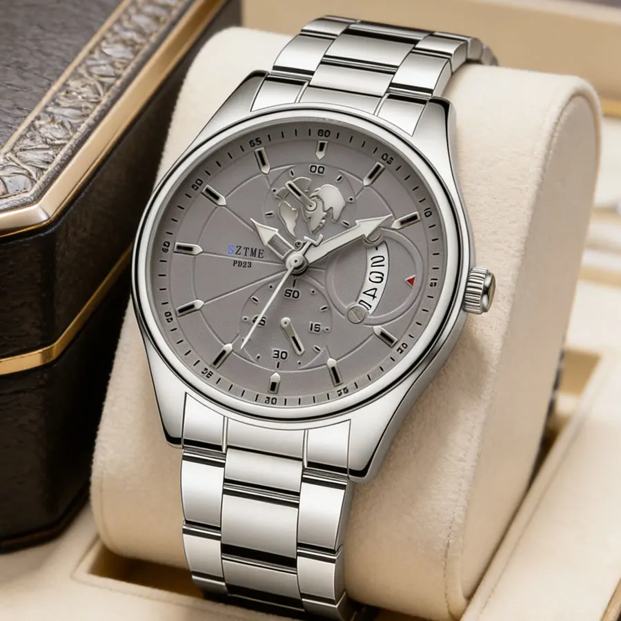 Business Casual Men's Steel Band Watch Calendar Map Simple Trend Scale Light Luxury Men's Quartz Watch