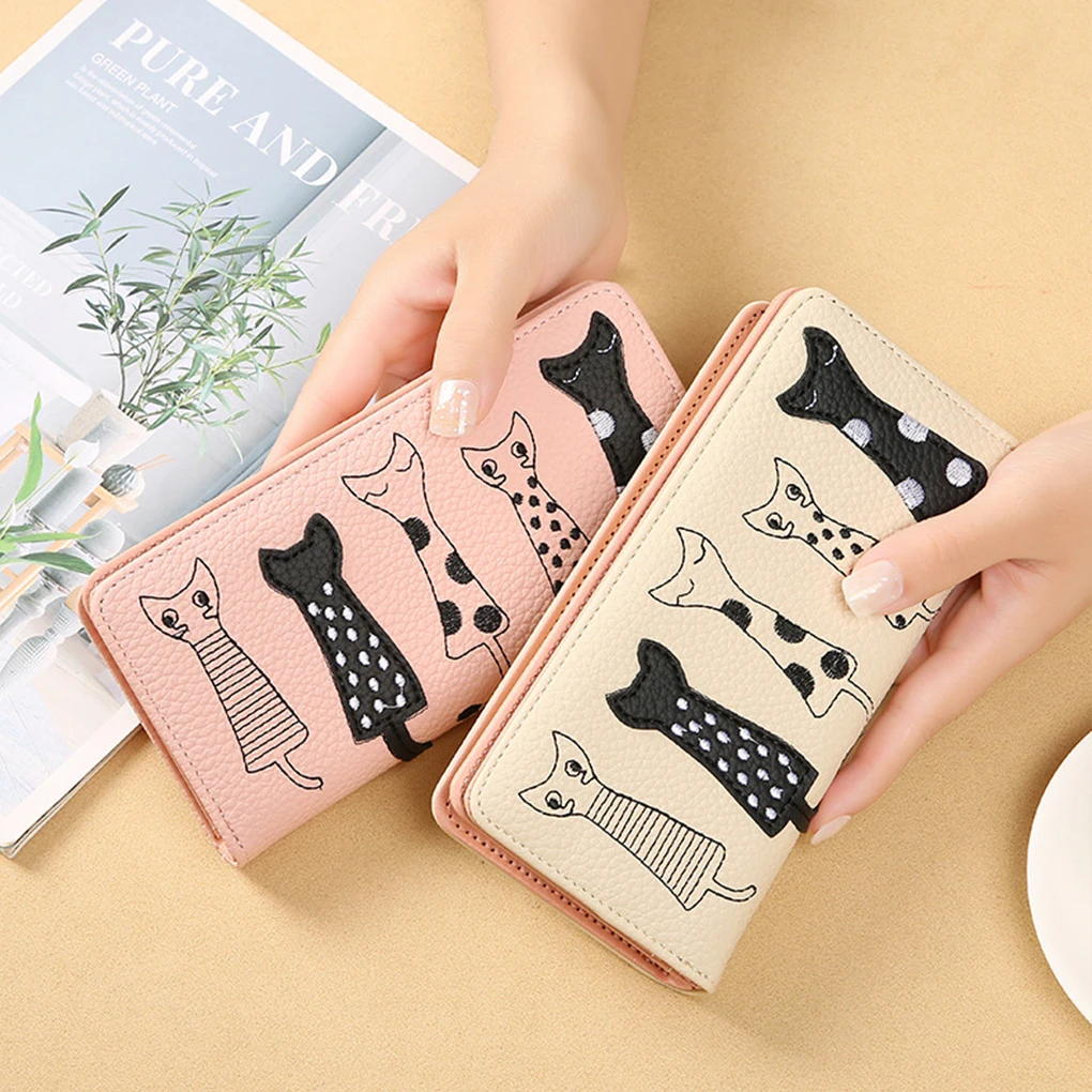 

Cat Women Long Wallet Women Cat Cartoon Wallet Female Card Holder Casual Zip Ladies Clutch PU Leather Coin Purse