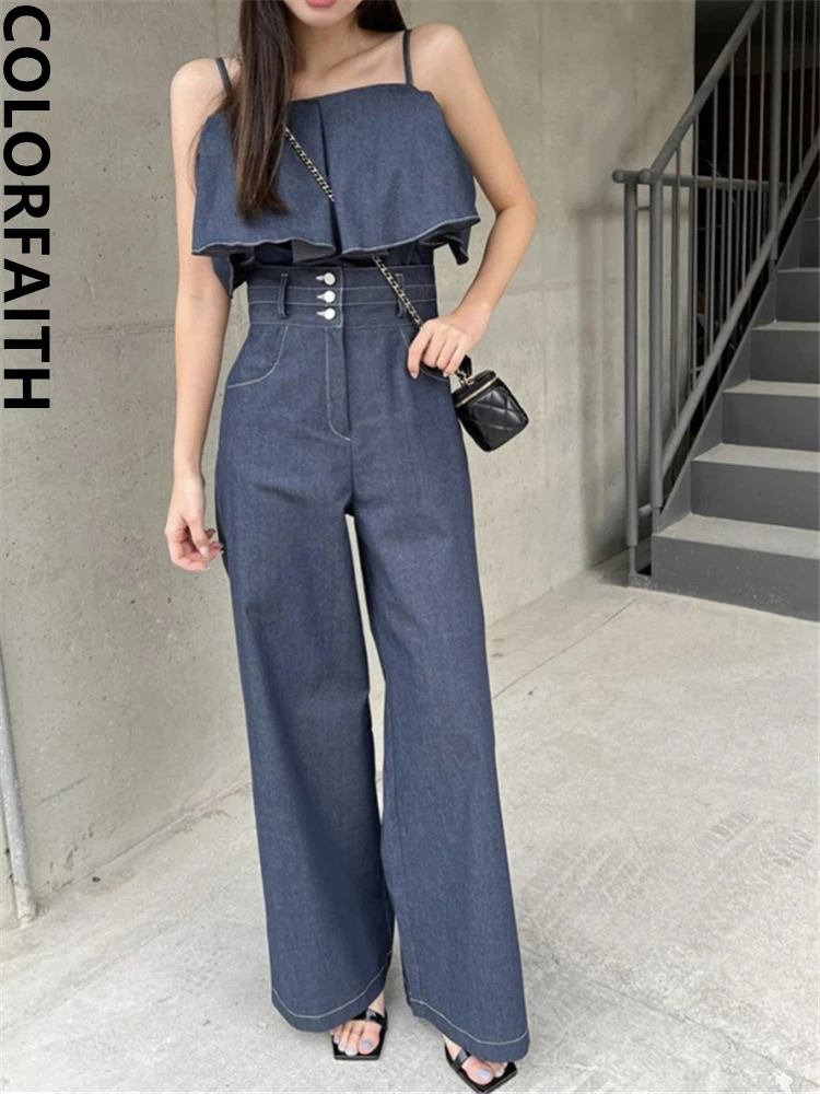 Colorfaith WS6099 New 2024 Vintage 2 Pieces Sets Sleeveless Vest With Pants Women Spring Summer Korean Fashion Elegant Suits