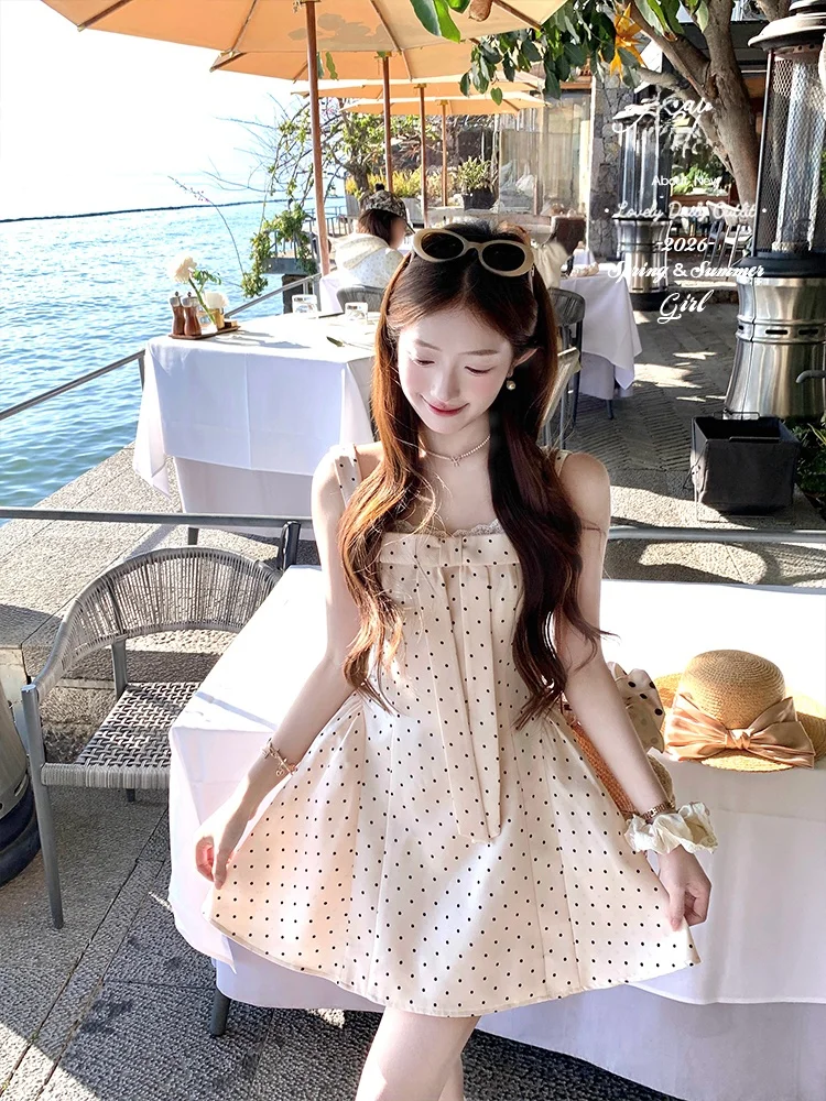 

Летнее платье Acaine в горошек с завязками на бретелях, французский стиль, короткий рукав, юбка А-силуэта для женщин 8-24 лет