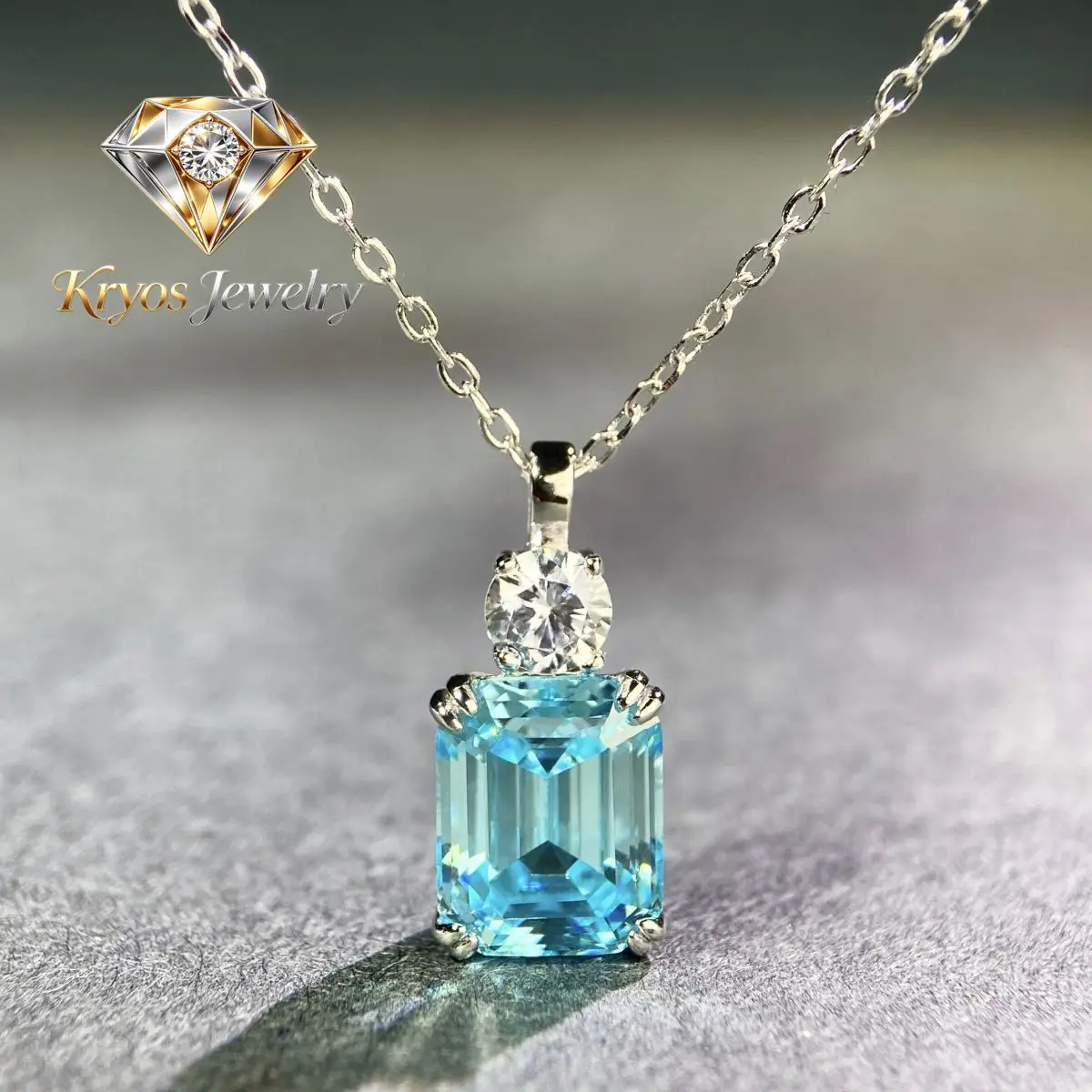 Kryos Jewelry Luxury 18K white gold solid platinum Women's Aquamarine Diamond Pendant Earrings Set Emerald Cut Pendant
