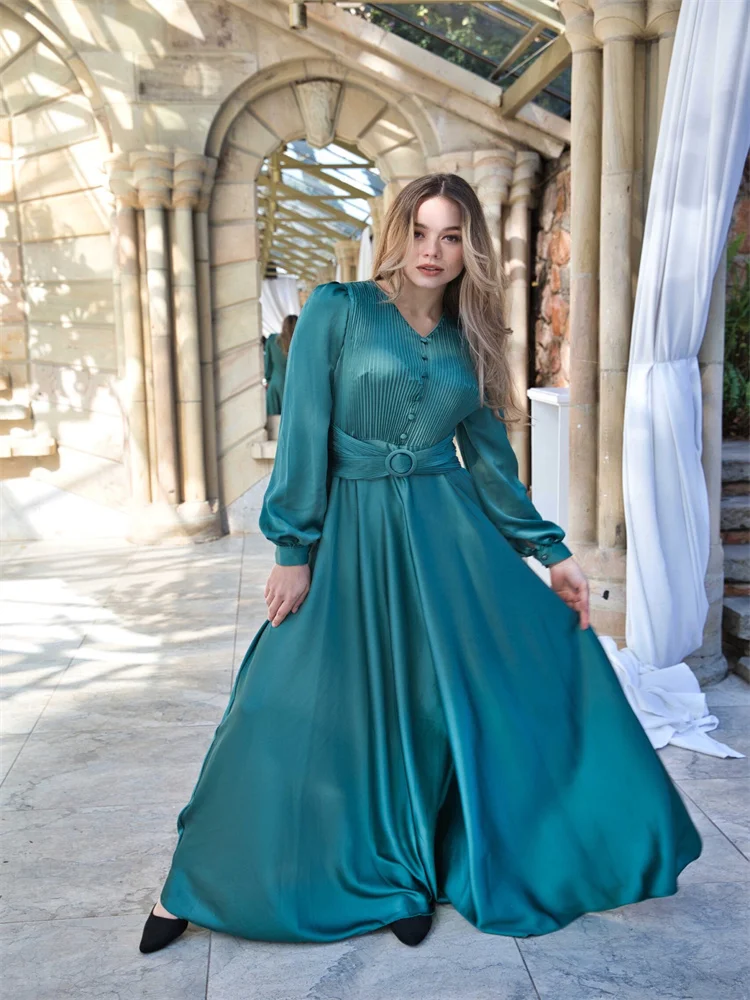 

New Arrival Dark Green Autumn V Neckline Taffeta A-Line Evening Dress Elegant Floor Length Party Gonw for Women With Belt 2024