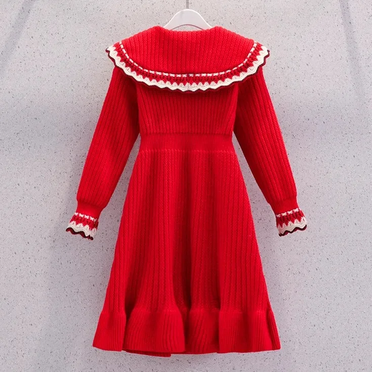 2023 Autumn Winter Teenagers Girls Kids Knit Sweater Dresses Princess button clothes new year christmas 4 5 6 7 8 9 10 11 year