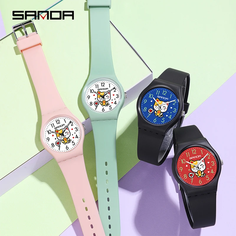 SANDA-Relógio Quartz Estudantil com Pulseira De Silicone, Relógio De Pulso Criativo, Desenhos Animados Bonitos, Gato Riqueza, Presente para Meninos e Meninas, 6139