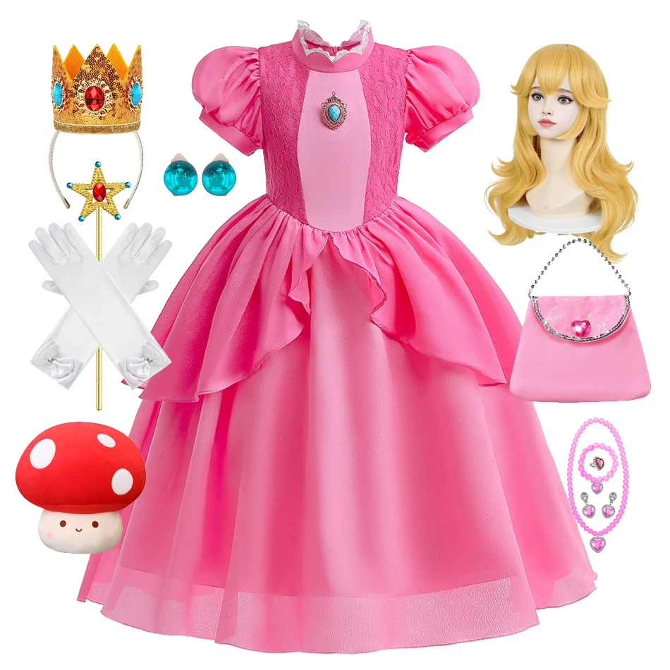 Girl Peach Cosplay Dress Movie Pink Rosaline Ball Gows for Prium Carnival Princess Costume Lace Cartoon Birthday Gift 2-10T