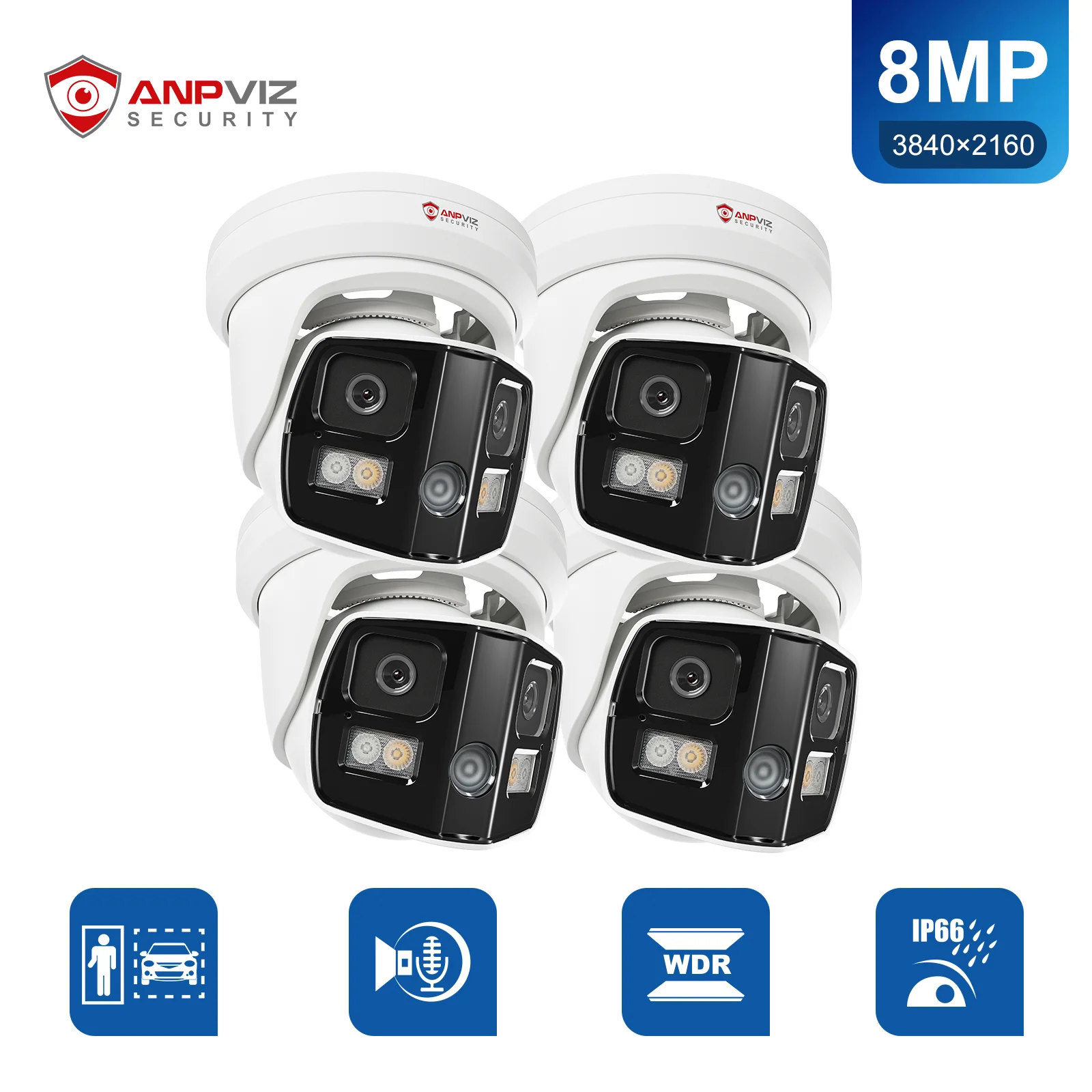 

На складе США 4 шт. Anpviz 4KF1.6 PoE IP-камера с турелью для улицы 180 ° Панорамное широкоугольное интеллектуальное двойное освещение для обнаружения людей/транспортных средств IP66