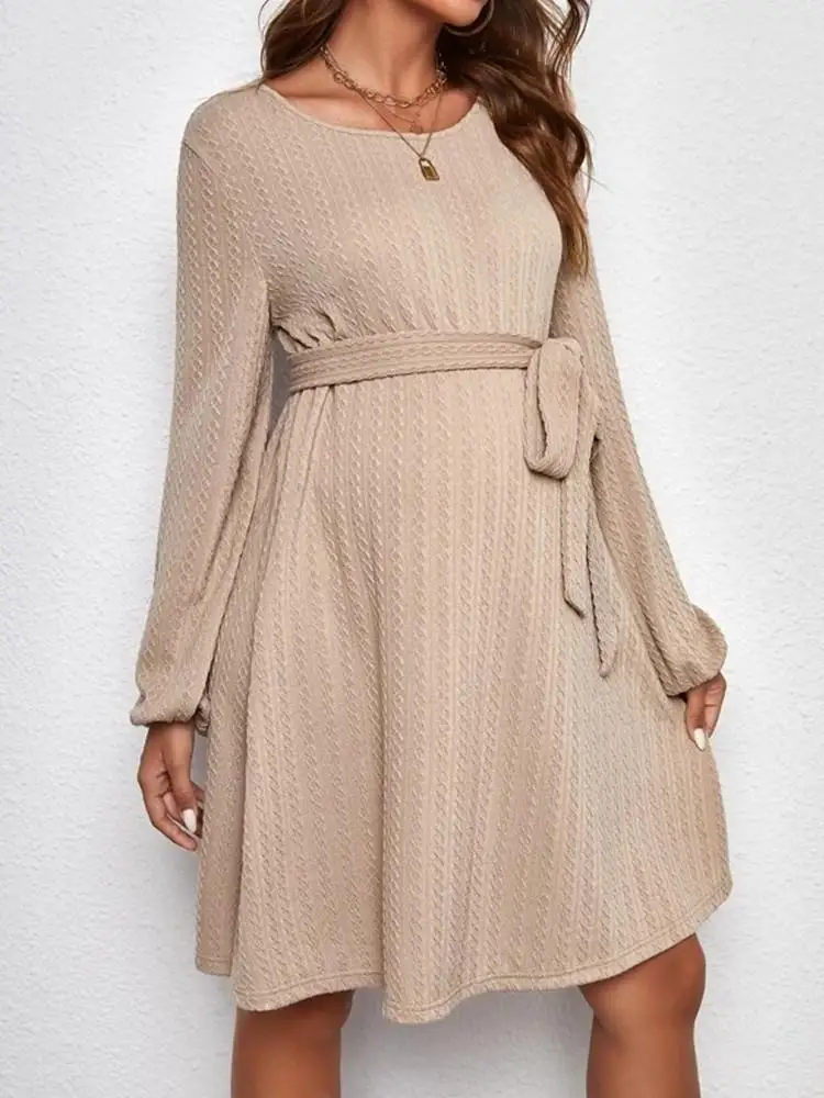 Maternity Womens Jacquard Knit Puffy Sleeve Dress With Belt Pregnancy Women Clothes For Spring Fall