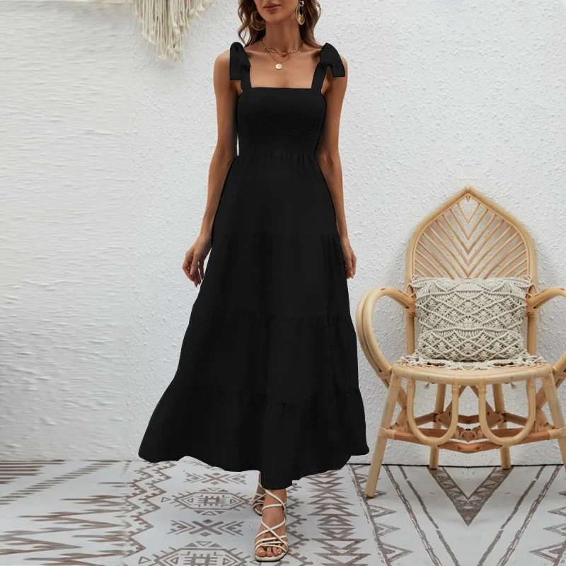 

Elegant Lace Up Dress Square Neck Ruffle Casual Flowy Long Dress Beach Swing Party Maxi Dress For Spring Summer