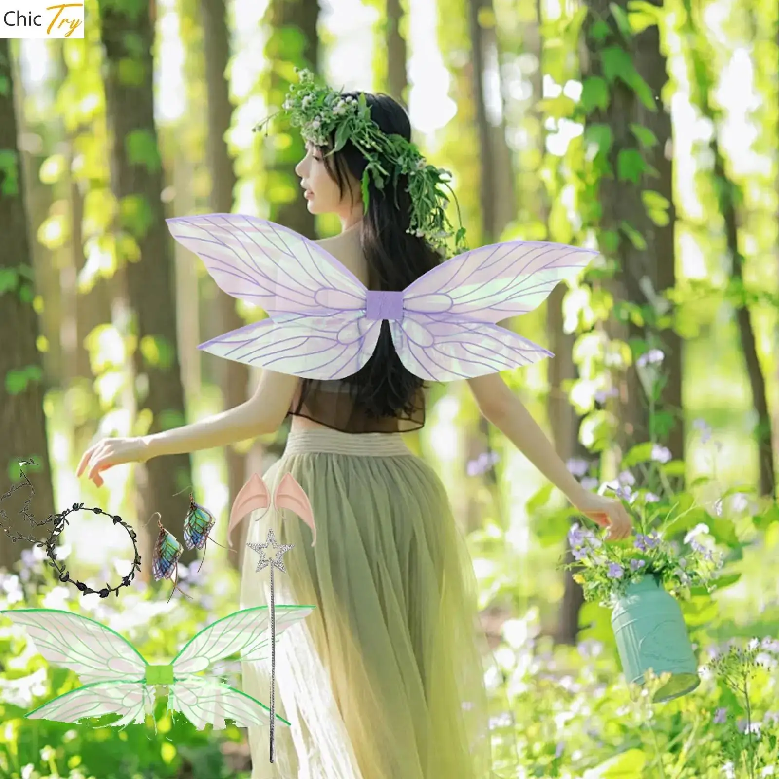 

Halloween Forest Fairy Costume Butterfly Wings Fairy Elf Angel Wing Ears Fairy Stick Garland Set for Carnivals Party Performance