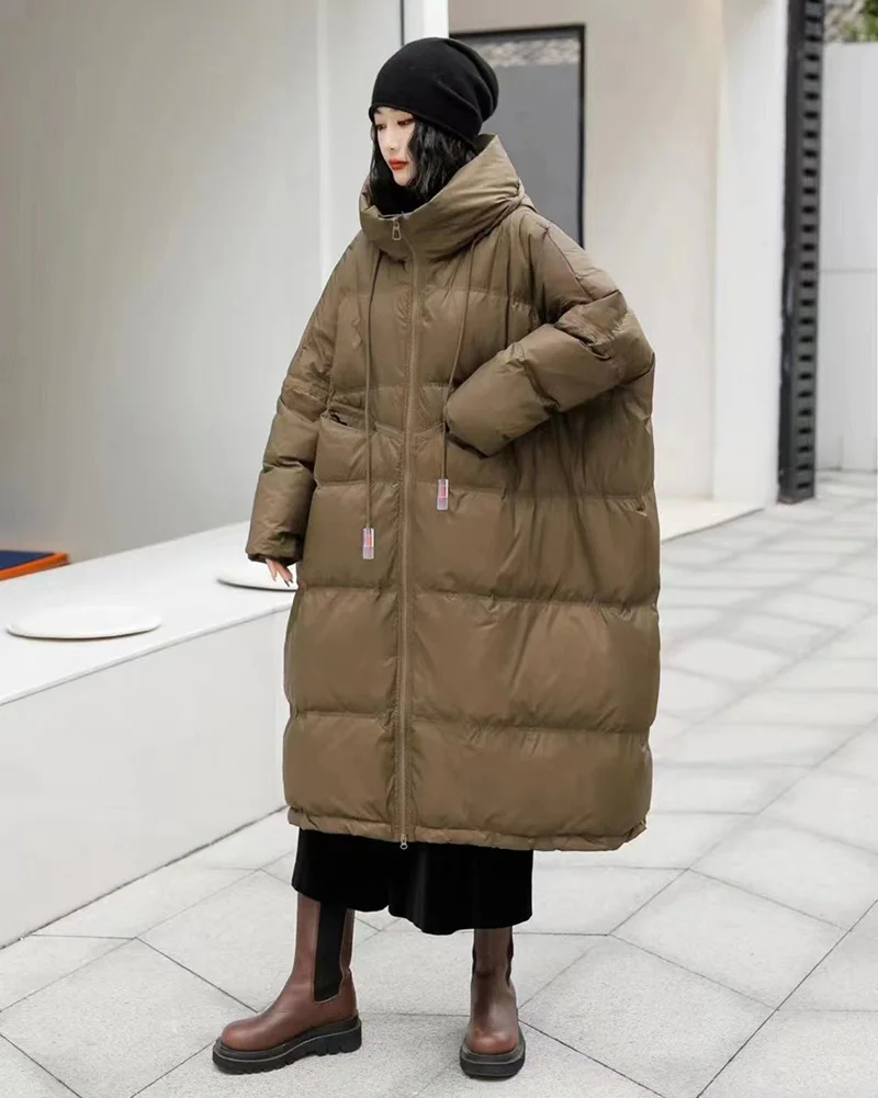 Schinteon Women White Duck Down Jacket with Hood Autumn Winter Warm Long Outwear Over Size Loose Coat 2026 New
