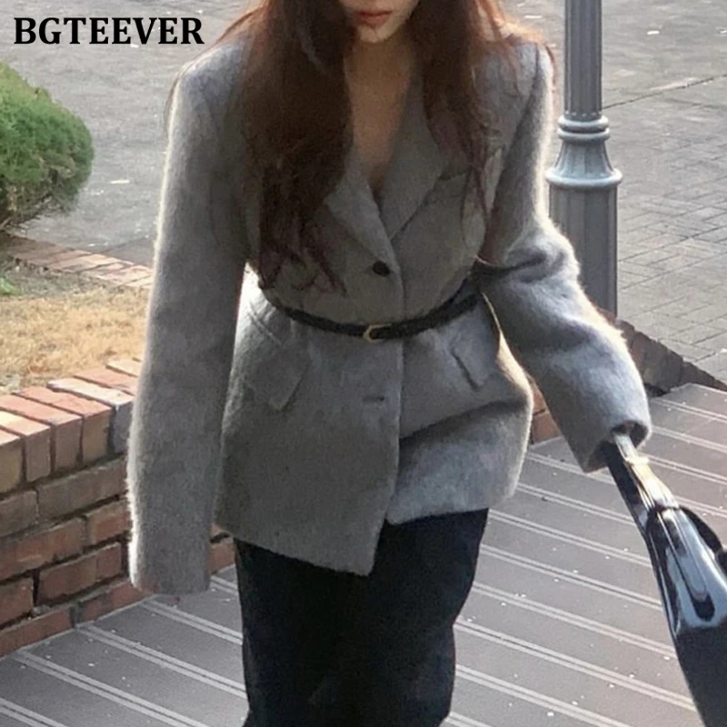 

BGTEEVER винтажный теплый свободный однобортный женский шерстяной пиджак с поясом, элегантный женский утепленный пиджак с длинными рукавами и карманами