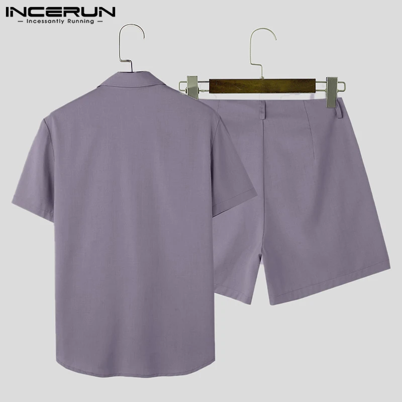 INCERUN Men Sets Solid Color Lapel Short Sleeve Shirt & High Waist Shorts 2PCS Summer Streetwear 2024 Fashion Men\'s Casual Suits