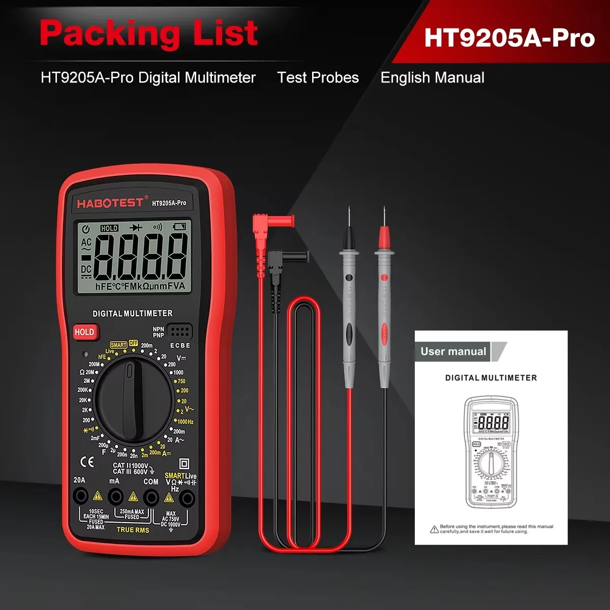HABOTEST HT9205A-PRO True RMS Digital Multimeter 2000 Counts AC/DC Voltage Current Resistance Capacitance Electrician Tester