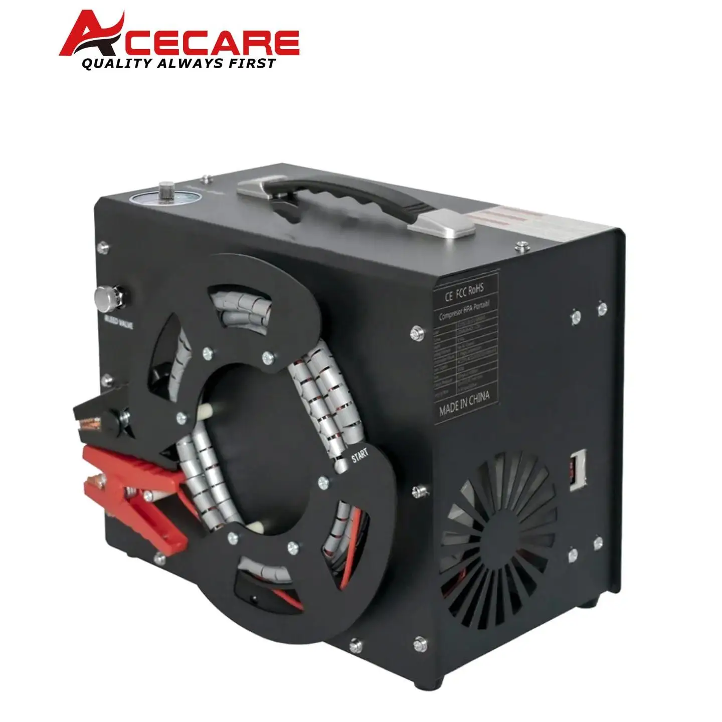 ACECARE-Compresseur d'air haute pression, 300 bars, 4500psi, PCP, avec adaptateur d'alimentation 12V intégré, ventilateur portable, arrêt automatique ES062