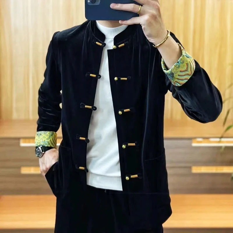Spring and Autumn New Jackets Men\'s Stand Up Collar 2024 Fashion Chinese Style Tang Costume Buckle Gold Velvet All-match Coats
