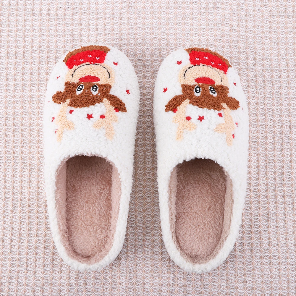 Christmas Elk Plush Slippers Anti Slip Flat Thermal Slippers Furry Reindeer Slipper Cartoon Elk Star Slippers for Indoor Bedroom