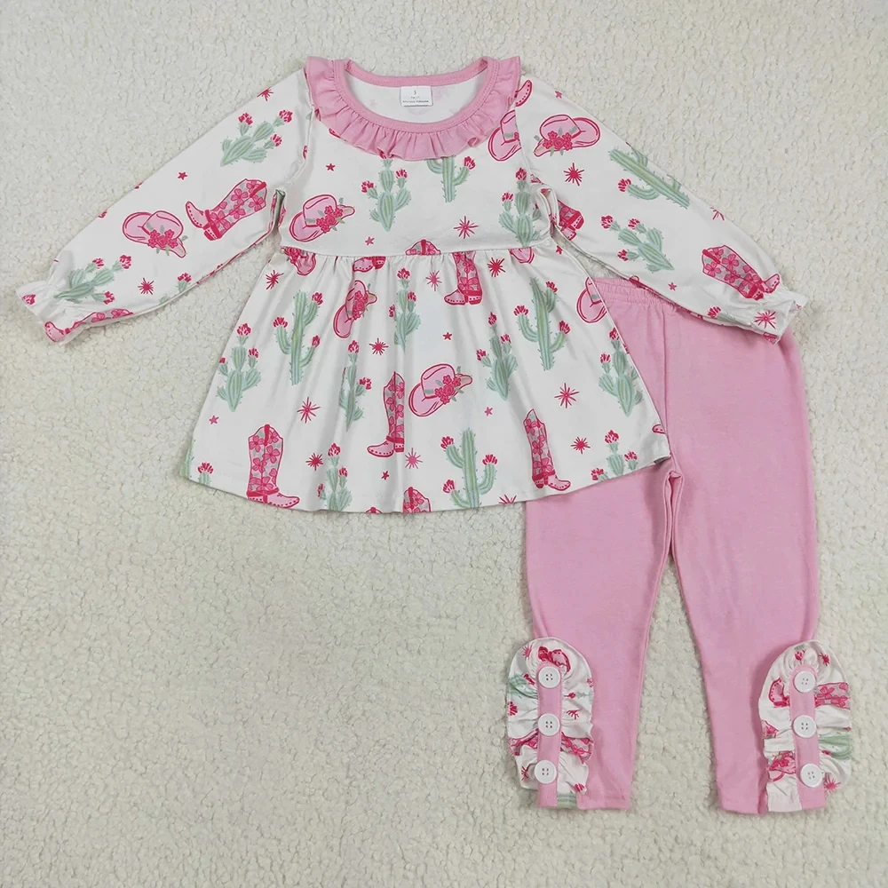 Wholesale Infant Long Sleeves Clothes Cactus Boots Tunic Baby Girl Outfit Toddler Cotton Ruffle Pants Children Kids Western Set