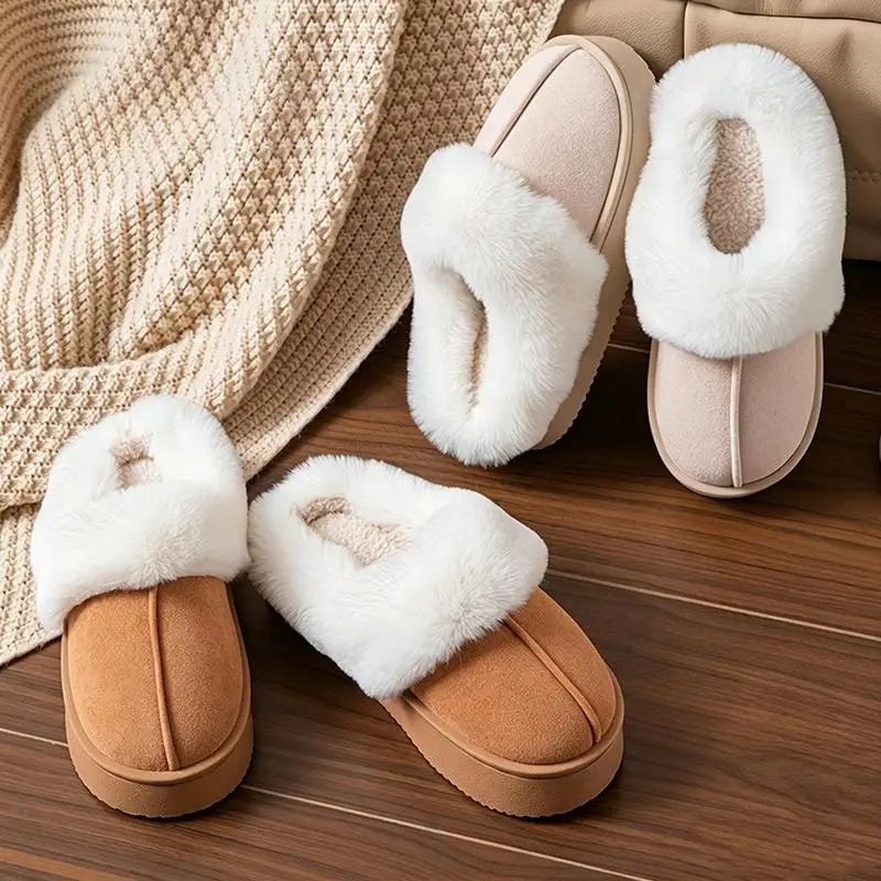 Flauschige Pelz-Mules mit dicker Sohle für Damen, Winter 2026, warme kurze Plüsch-Outdoor-Hausschuhe, Marken-Wildleder-Baumwollschuhe für Damen – Detail 4