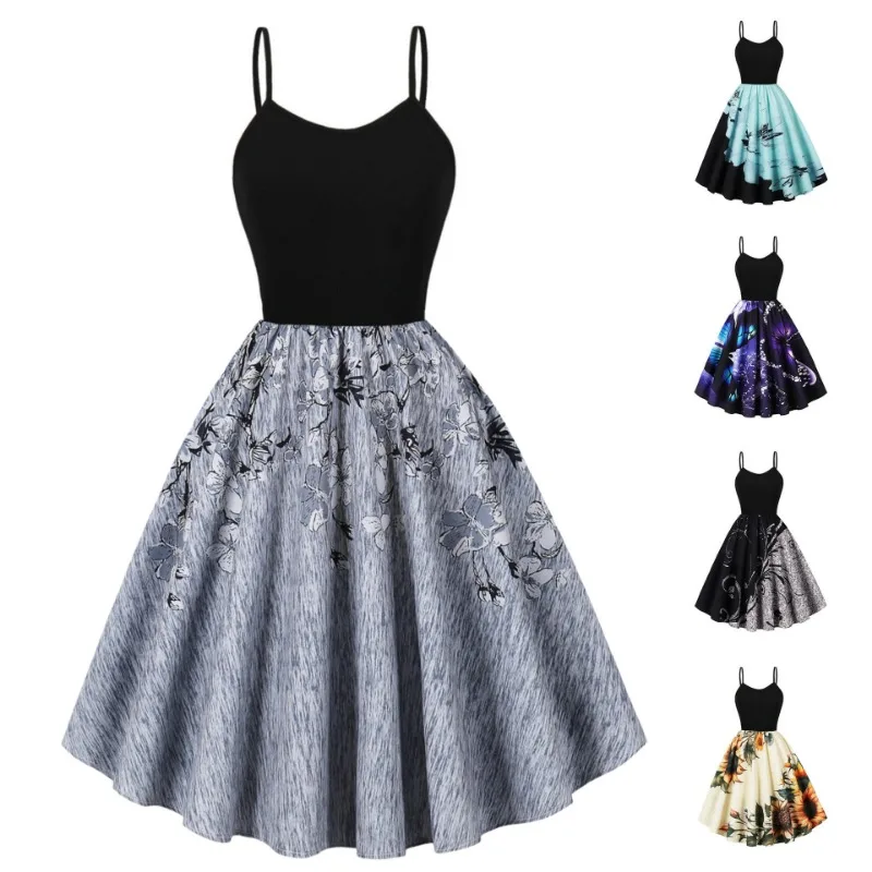 2025 neue Vintage Sommer V-ausschnitt Ärmellose Party Camis Kleid Frauen Streetwear Retro Weihnachts Drucken Hohe Taille Große Schaukel Kleider