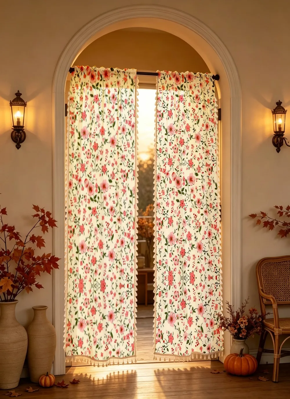 1PC Floral Tassel Sheer Curtains, Green Leaf Red Flower, Digital Print, Linen Polyester, Bedroom Living Room, Home Decor