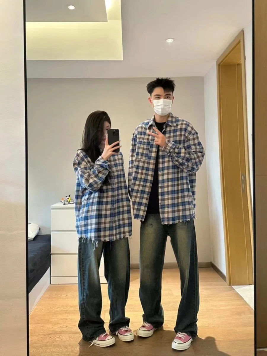 

Мужская свободная повседневная одежда в американском стиле ретро Brued Plaid irt с защитой от солнца, универсальный дизайн, irt Jaet, осенняя длинная све, отложная...