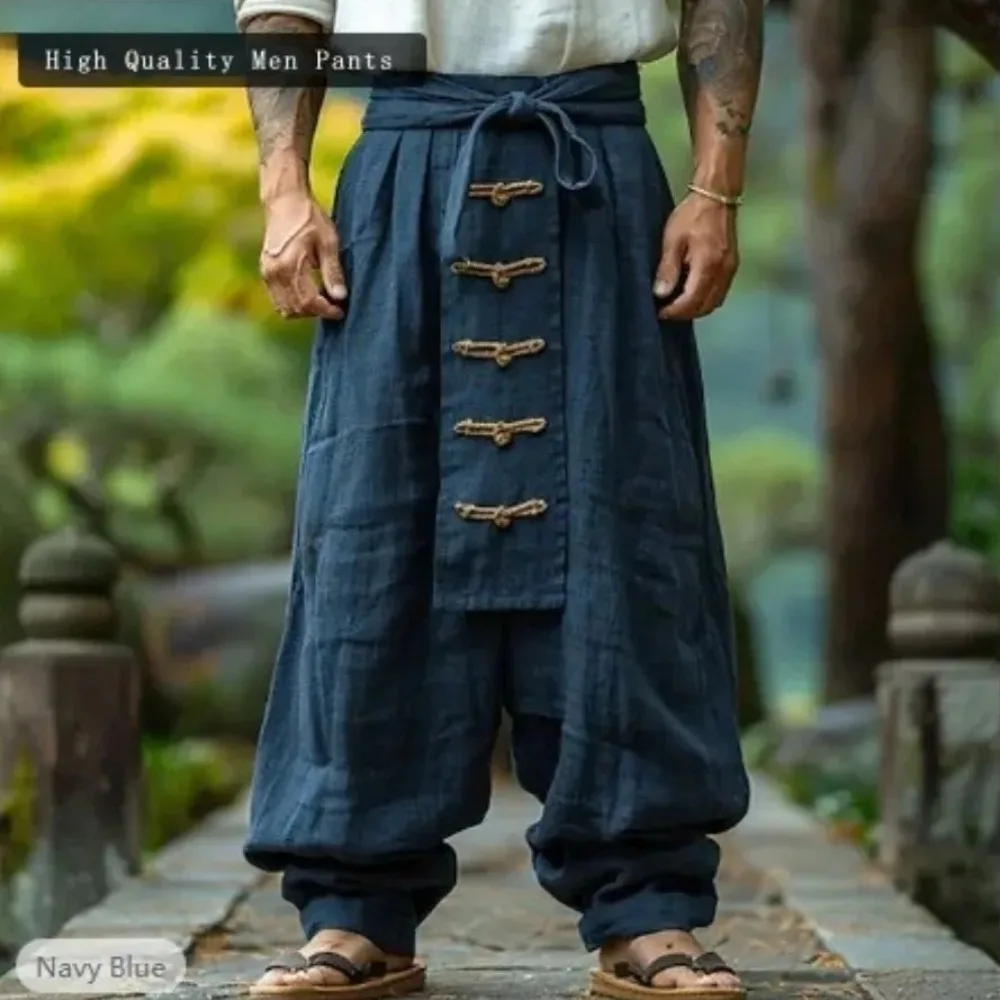 Vintage Cotton Linen Men's Wide Leg Pants Spring Summer Casual Drawstring Pocket Baggy Pants Streetwear Harajuku Men's Clothing