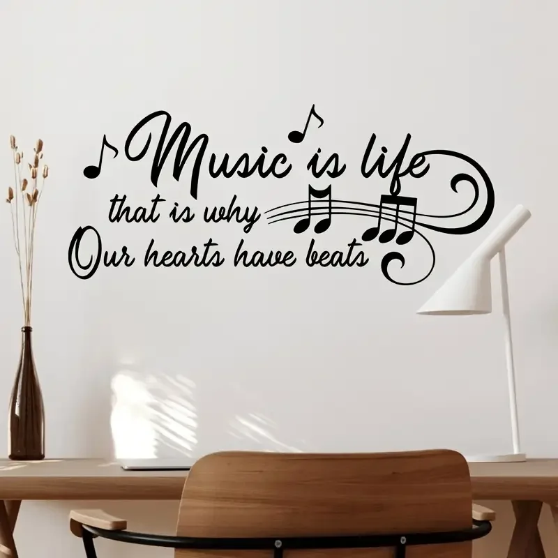 Music is Life, That'S Why Our Hearts Beat. Musical Notes, Scores, Instruments - Engraved Black Vinyl Wall Decals with Artistic L