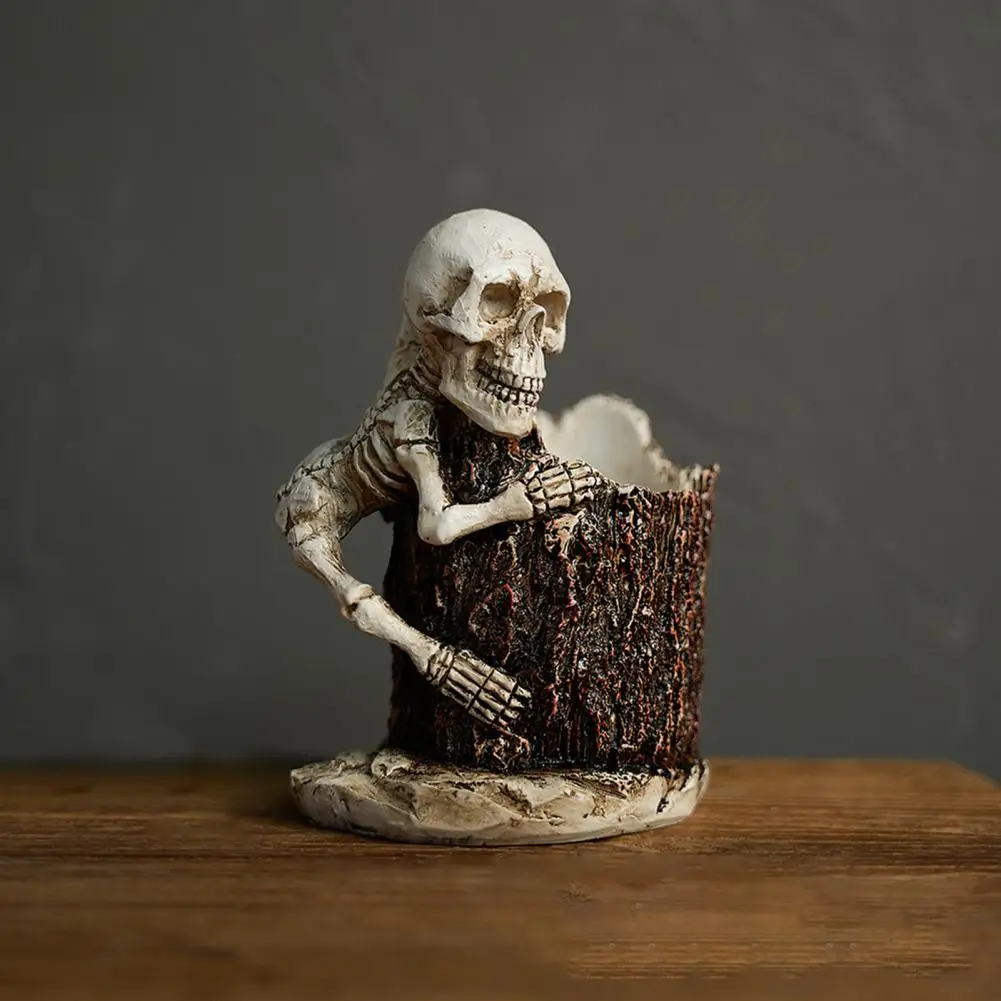 Resin Skeleton Decoration Spooky Halloween Skeleton Pen Holder Organizer Statue with Tombstone Spider Resin Figurine for Desk