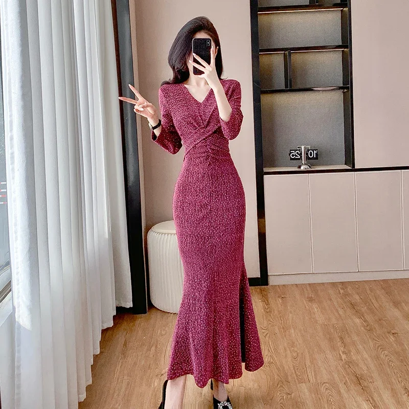 Ofallsis High End Square Neck Long Sleeved Fishtail Dress 2024 Spring New Fashion Stylish Sexy Waist Cinching Slimming Dresses