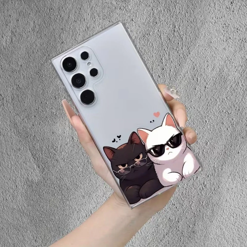 For Samsung Galaxy A73 A72 A71 A70 A56 A55 A54 A53 A52 A51 A50 A42 A36 S 4G 5G Cool Black And White Cat Phone Case Clear Cover