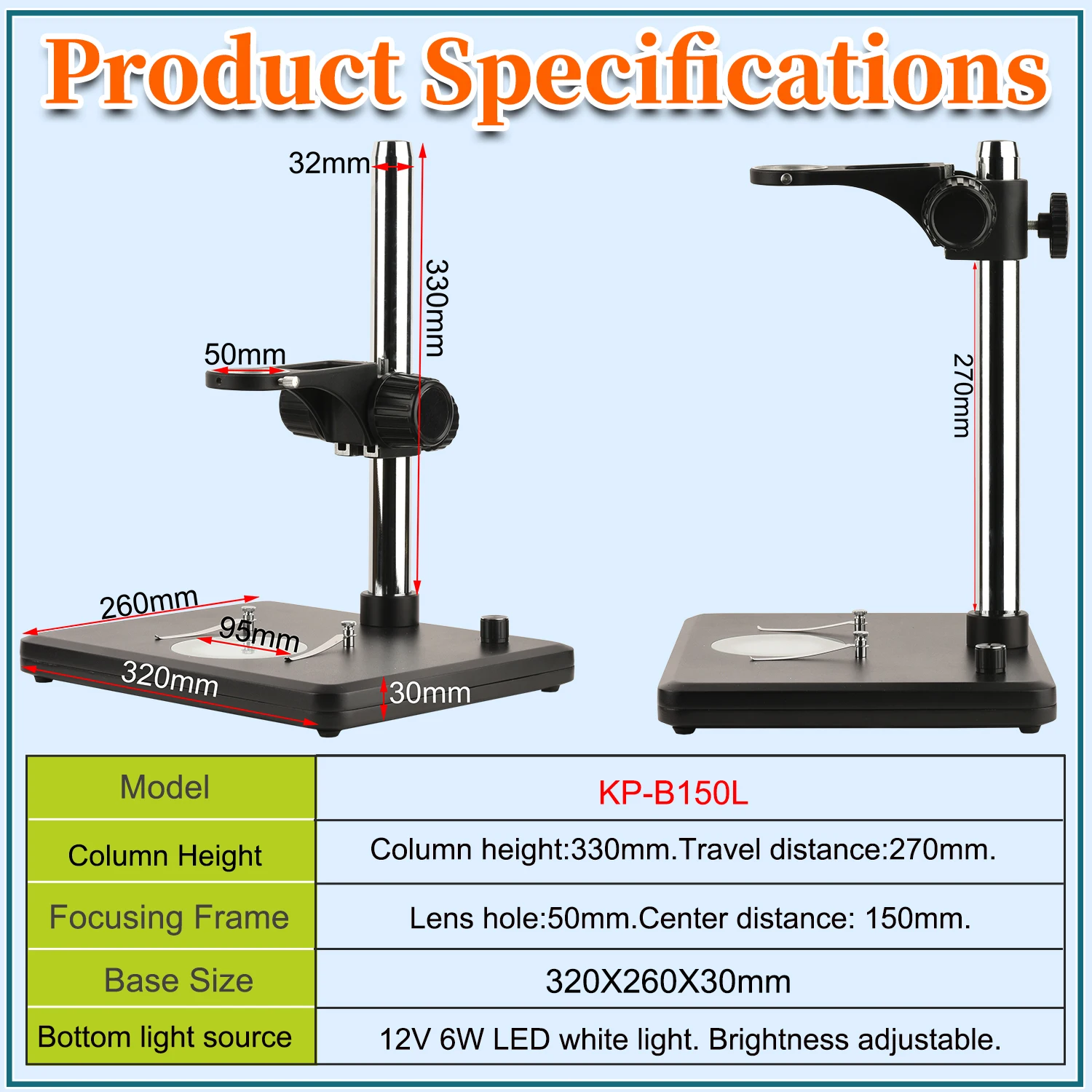 KOPPACE Electron Microscope Bracket,Base with LED Light Source 12V 6W Column height 330mm