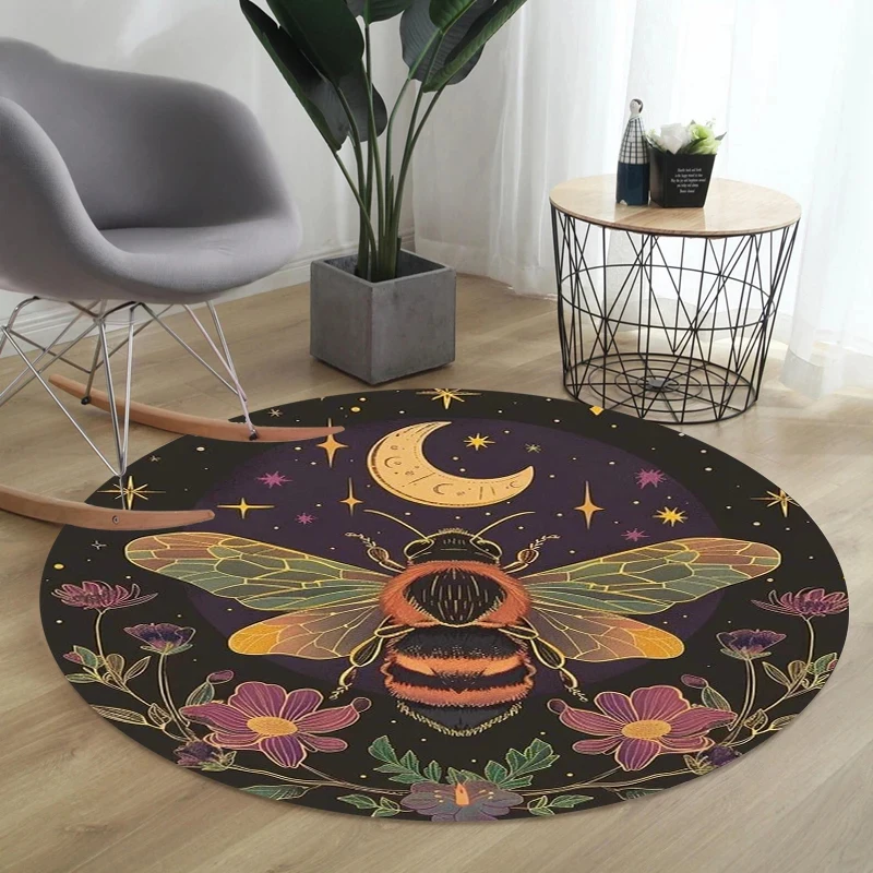 VIKAMA Vintage Honey Bee Strawberry Round Rug, Non-slip Soft Floor Mat, Washable Carpet for Nursery Living Room Decor